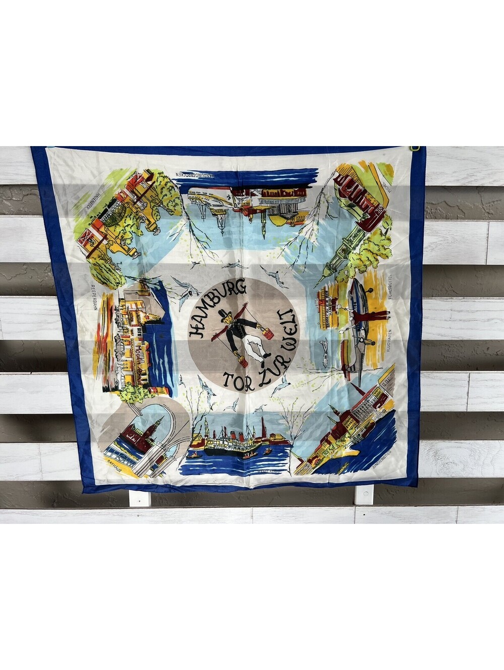 Vintage Souvenir Hamburg Germany Square Scarf 26"x25" Tor  Zur Welt Blue.